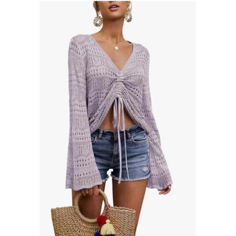 Women’s Summer Knit Crochet Bathing Suit Cover Pullover Front Ruching M Lavender - Picture 9 of 9